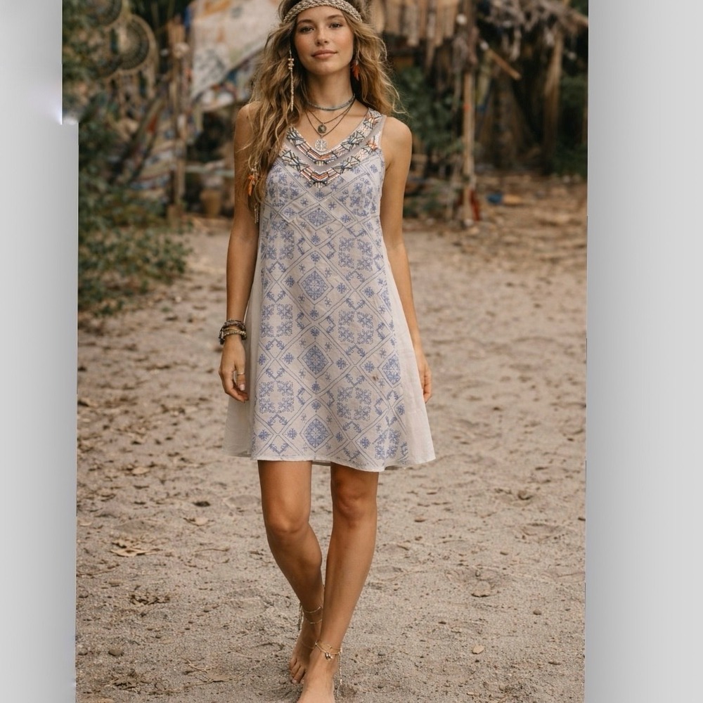 Free People Ancient Mystery Beaded Mesh V-Neck Sleeveless Boho Dress Size M Boho